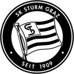 Black and white SK Sturm Graz logo with flag and text.