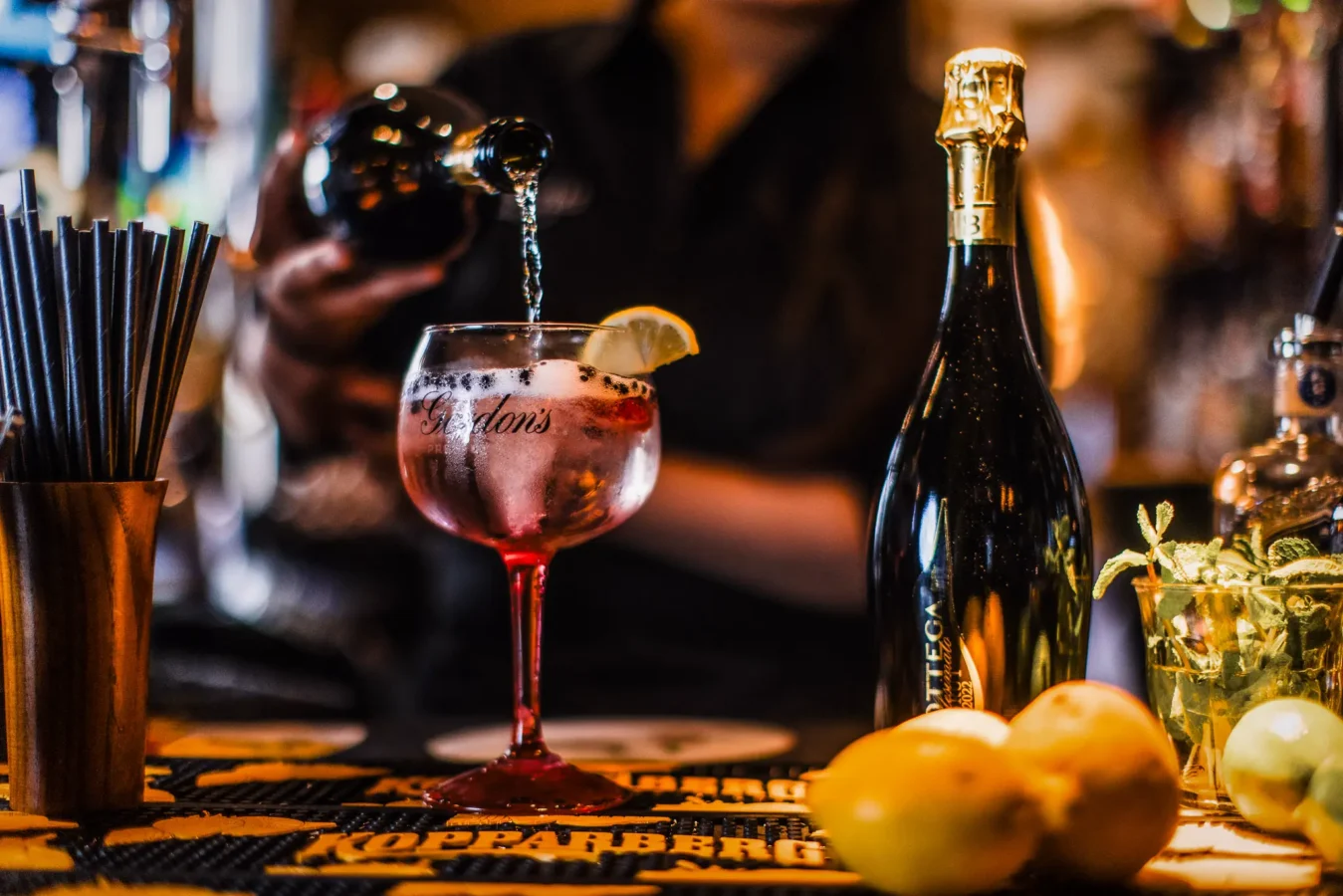 Cocktails being prepared at The Hercules Pillars pub bar on Great Queen Street, Holborn