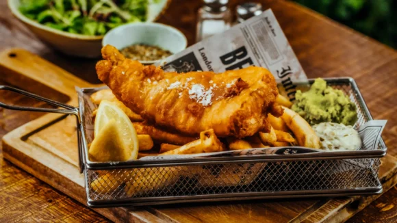 Beer battered fish and chips with mushy peas and tartare sauce at The Hercules Pillars, Holborn