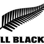 All Blacks rugby team logo with silver fern leaf and text.